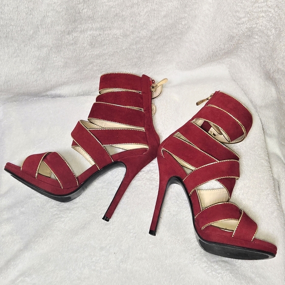 Liliana Red/Gold 4" Stiletto Heel W/ Crisscross Straps Buckles CLUB HOLIDAY BOLD - Picture 4 of 15